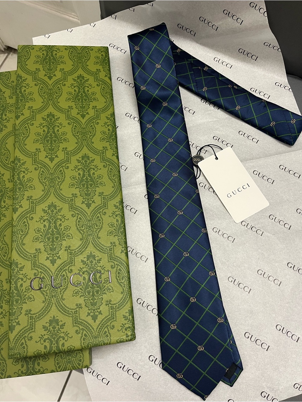Gucci Navy Silk Tie with Green Windowpane Grid